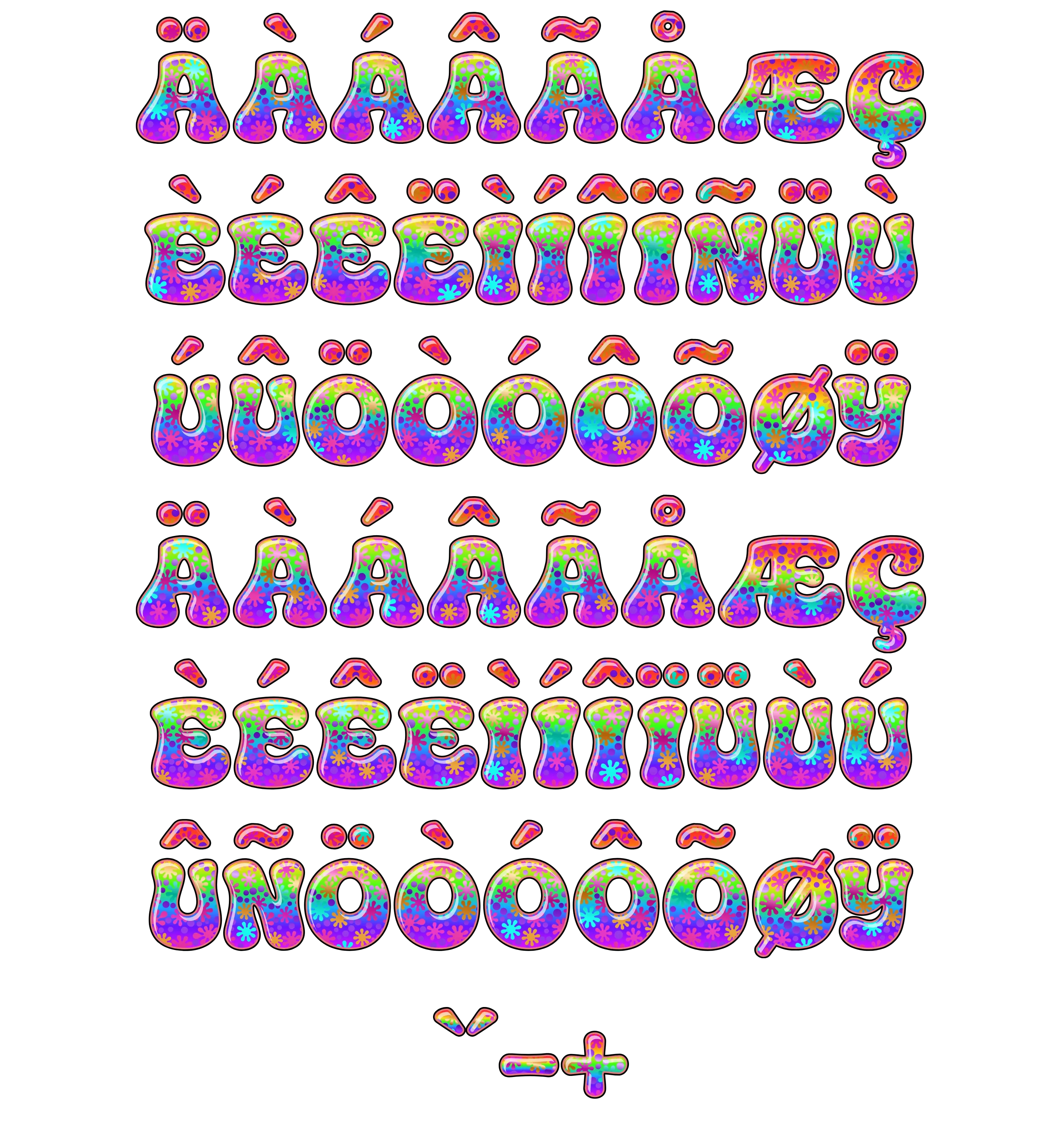 Extended Glyphs & Punctuation (EU Characters, Specials, Symbols) for CS-Rainbow-Blobs-1